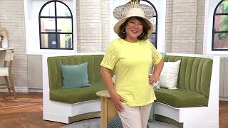 Denim & Co. 100% Cotton Crew Neck Top with Crochet Sleeve on QVC