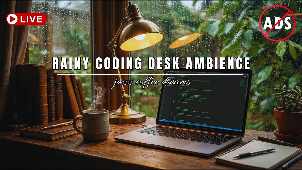 Rainy Coding Desk Ambience 🌧️💻 Soft Jazz, Window Rain & Deep Focus Workspace