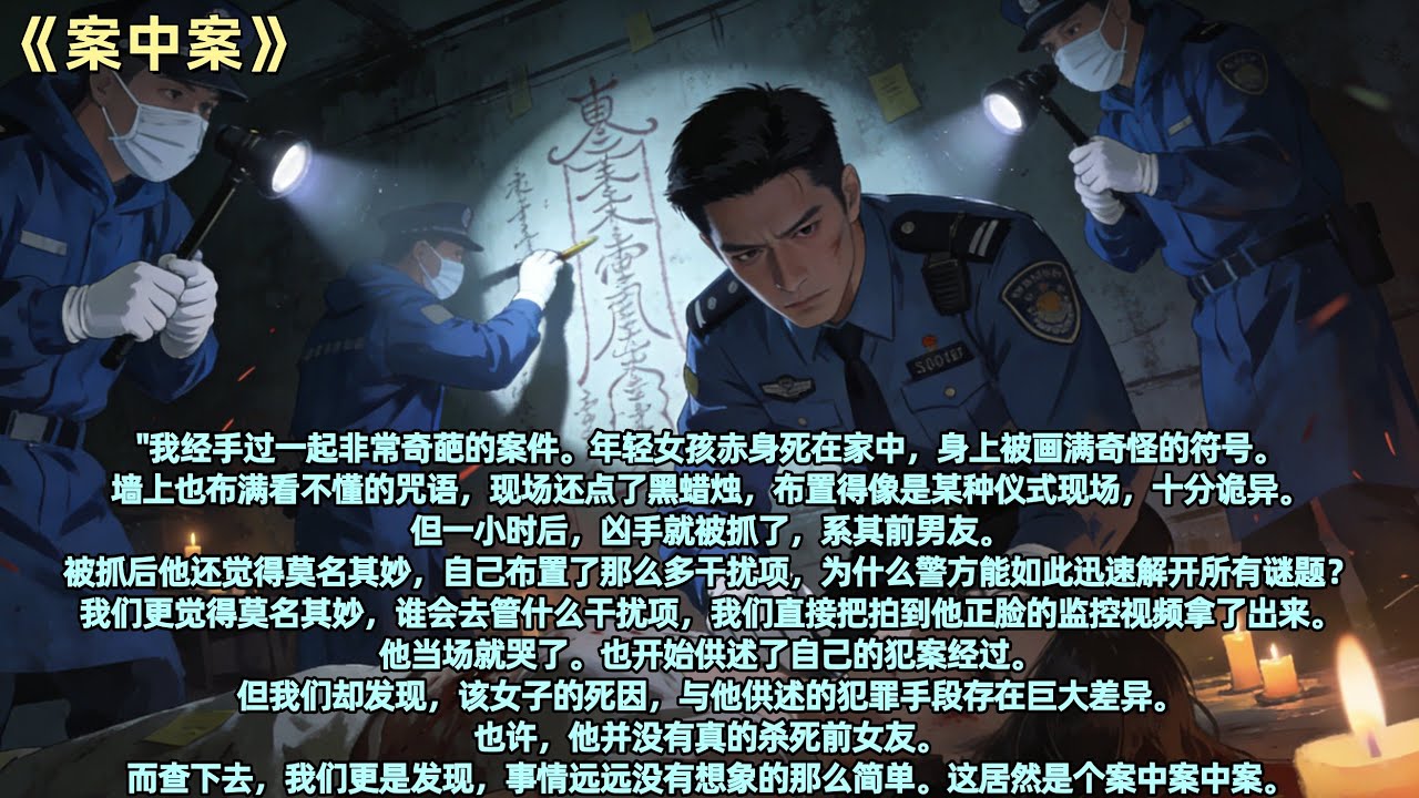 "我经手过一起非常奇葩的案件。年轻女孩赤身死在家中，身上被画满奇怪的符号。墙上也布满看不懂的咒语，现场还点了黑蜡烛，布置得像是某种仪式现场，十分诡异。