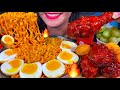 ASMR CHEESY FIRE NOODLES, SPICY FRIED CHICKEN, EGGS, CHEESE BALLS, GRAPES MASSIVE Eating Sounds