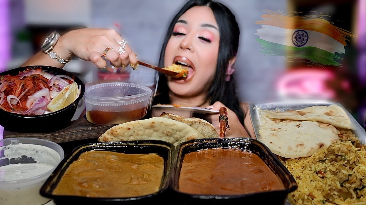 EATING INDIAN FOOD CHICKEN KORMA BIRYANI TANDOORI MOMOS BUTTER CHICKEN NAAN MUKBANG ASMR DESI
