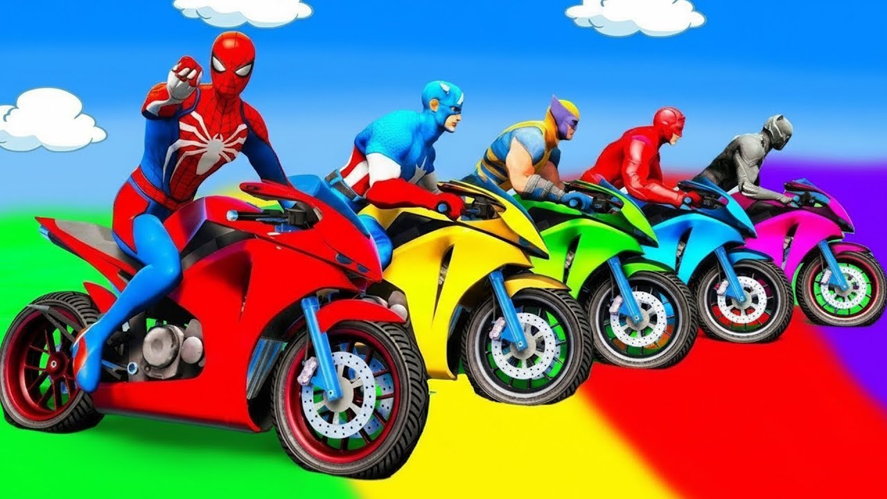 سبايدر مان اصعب دراجة نارية فوق اسماك القرش - Superheroes Ride In Motorcycle Stunt Funny Moments??