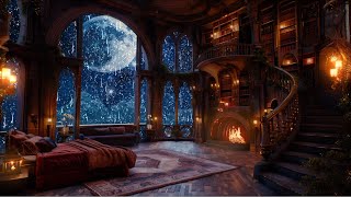 Nighttime Thunderstorm in this Cozy Castle Room with Rain & Fireplace Sounds to Sleep Deeply