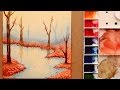 تعليم الرسم كيف ترسم منظر طبيعي بالالوان المائية بحيرة واشجار و ورق الخريف