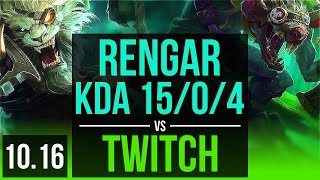 RENGAR vs TWITCH (JUNGLE) | KDA 15/0/4, 600+ games, Legendary | EUW Master | v10.16