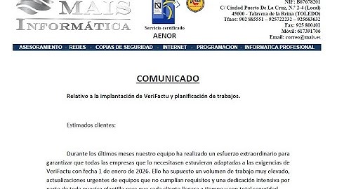 Comunicado relativo al Retraso de VeriFactu - [Dic 2025 - MAIS - Programas de facturación]
