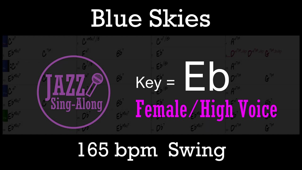 Blue Skies - a backing track with Intro + Lyrics in Eb (Female) - Jazz Sing-Along