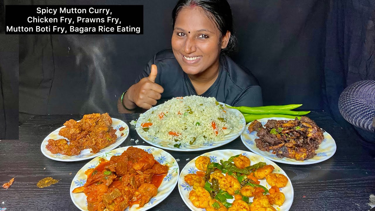 Spicy Mutton Curry, Chicken Fry, Prawns Fry, Mutton Boti Fry, Bagara Rice Eating Challenge|Video 137