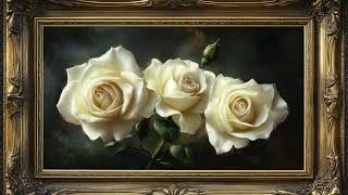 Gold Vintage Frame Wallpaper Art | Pink White Watercolor Flowers Roses, TV Display Screensaver HD screenshot 1