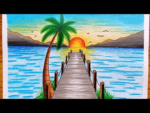 How To Draw A Beach Landscape | Landscape Drawing Step By Step for Beginners