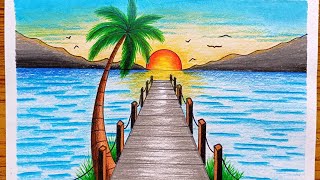 How To Draw A Beach Landscape | Landscape Drawing Step By Step for Beginners