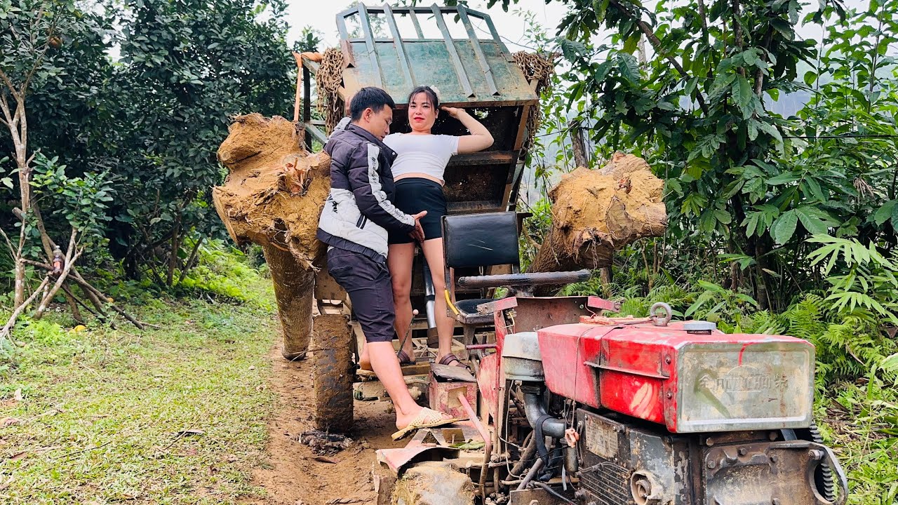 Agricultural vehicle transporting wood in the countryside; girl logging alone.