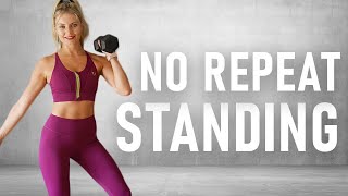 30 MIN NO REPEAT ALL STANDING DUMBBELL WORKOUT | cardio & strength