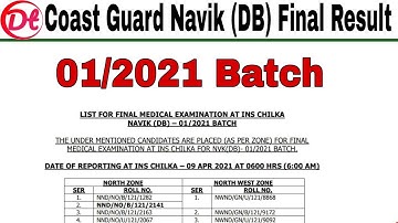 Coastguard Navik DB 01/2021 Final Batch Result Out | Coastguard Navik DB Final Medical List Out | 🔥