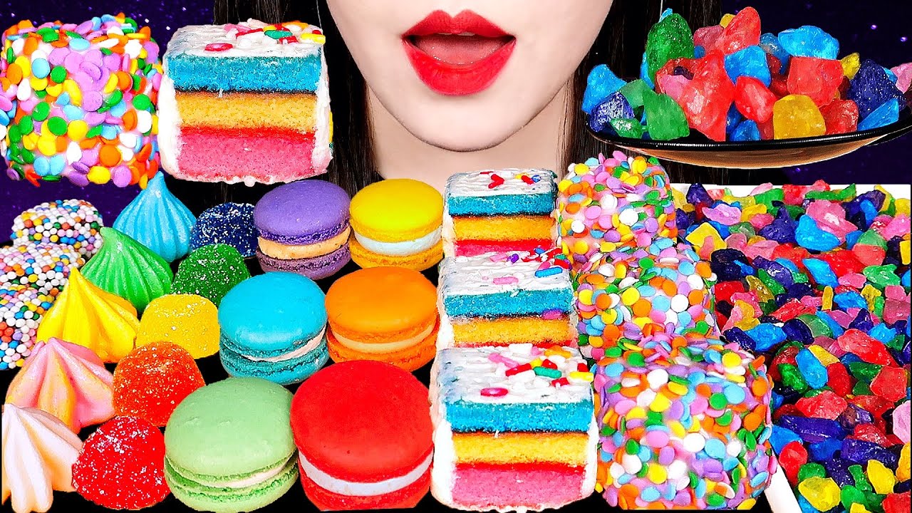 ASMR RAINBOW DESSERTS 무지개 디저트 먹방 ROCK CANDY, CAKE, MARSHMALLOWS, GUMMY EATING SOUNDS MUKBANG 咀嚼音