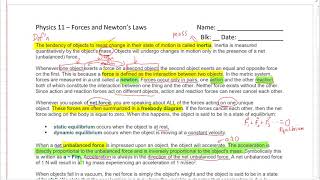 Physics 11-Ch4 - Forces Lesson 1 - Terminology