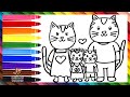 Dibuja y Colorea Una Linda Familia De Gatos ❤️🐱🐱🐱🐱👨‍👩‍👧‍👧🌈 Dibujos Para Niños
