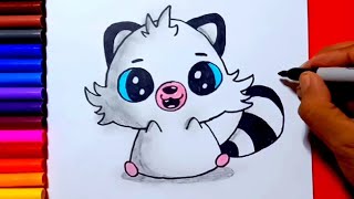 How to draw a cute baby racoon | Zed cute drawings