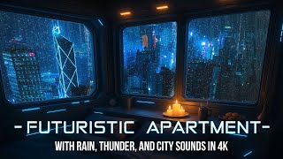 POV: Living in a Futuristic Apartment during a Thunderstorm - Rain, Thunder and City Sounds (4K)