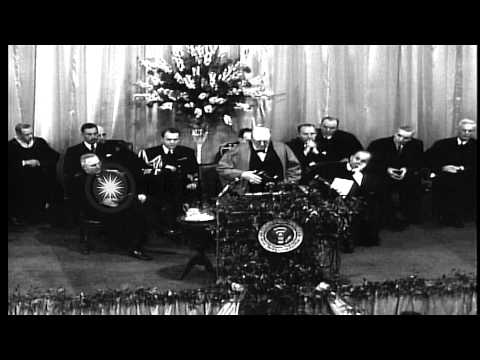 Winston Churchill's "Iron Curtain speech" regarding USSR and Eastern Bloc, at Wes...HD Stock Footage