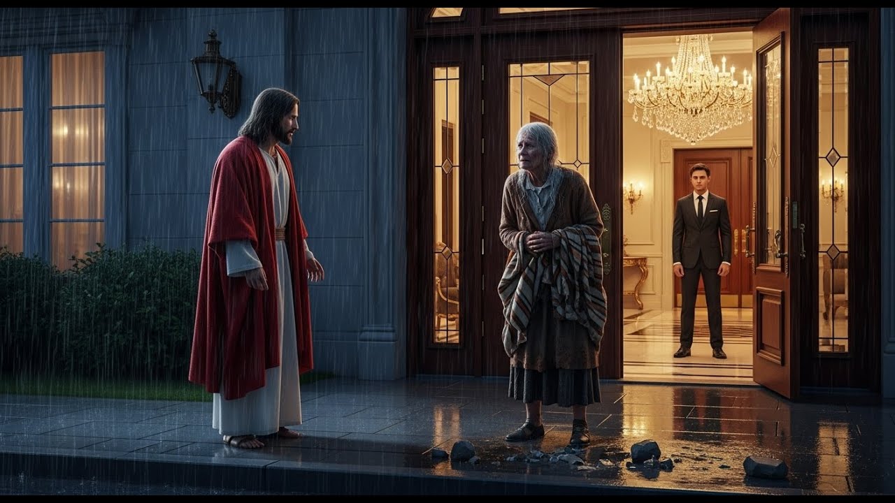 Un riche rejette une vieille femme sous la pluie — Jésus transforme la nuit en miracle