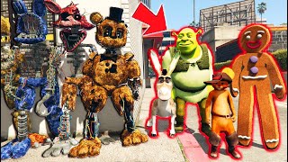 IGNITED ANIMATRONICS vs ALL SHREK CHARACTERS! (GTA 5 FNAF Mods)