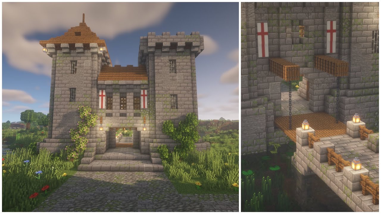 Minecraft How To Build A Castle Gate With A Drawbridge Tutorial 