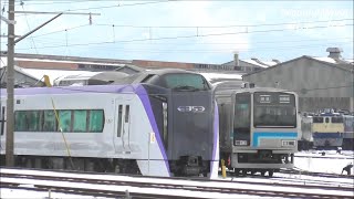 作業完了し E353系 S106編成 長総を出場！試運転表示で所属先松本車両センターに回送される！2023.1.30 JR長野総合車両センター　panasd 2995