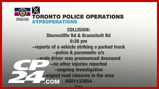 One person dead after vehicle strikes parked truck in Etobicoke
