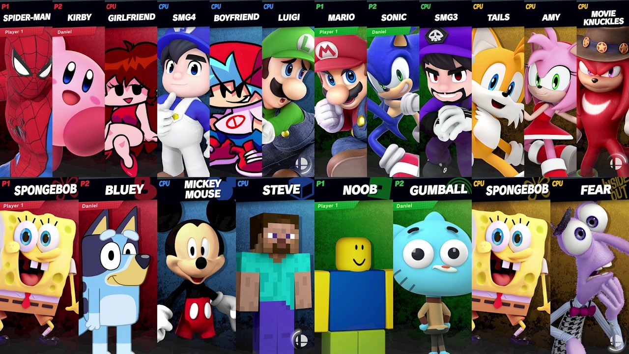 NEW Sonic vs Mario vs Roblox vs Minecraft vs Spiderman vs Bluey vs SpongeBob in Super Smash Bros