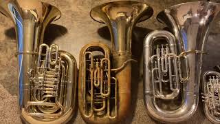 Tuba Size Comparison: Rudolf Meinl 6/4 BBb, Conn 25J, VanCauwelaert 6/4 BBb, and TC236.