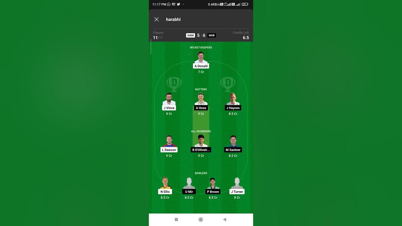 Ham vs wor dream11 fantasy team dream 11 winning team youtube