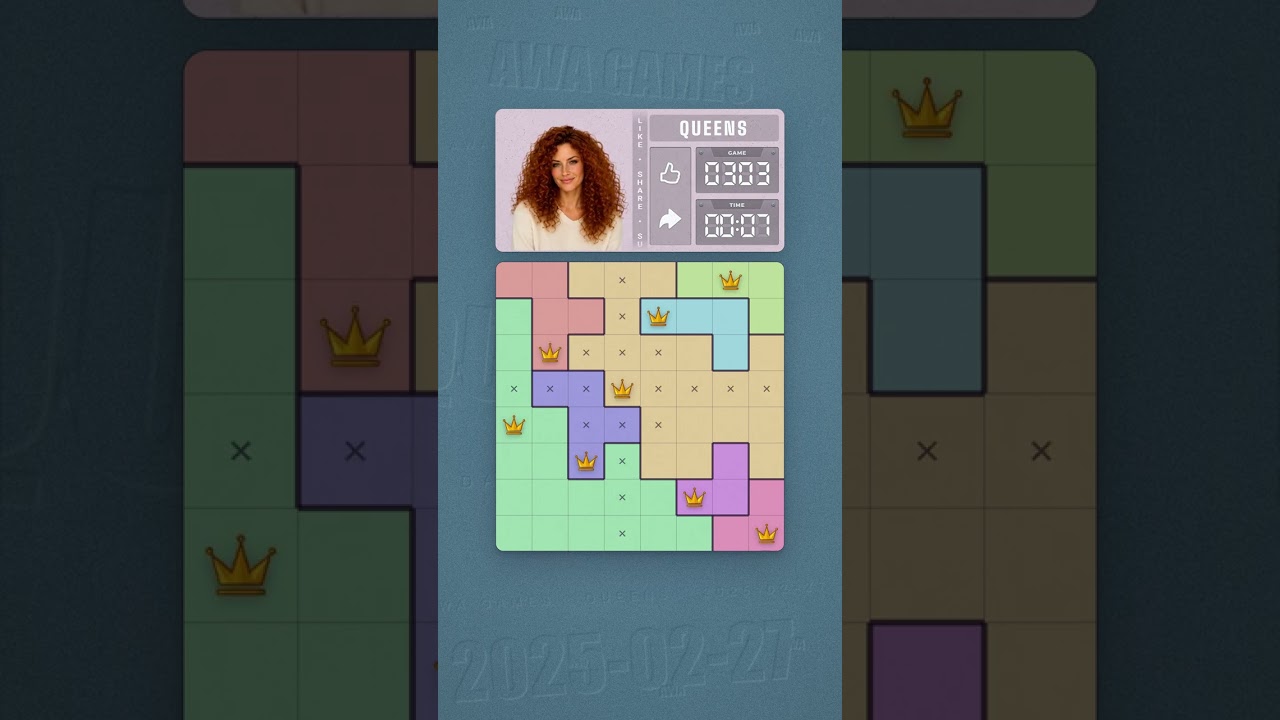 LinkedIn Queens #303 solved board for February 27, 2025, 8x8 grid