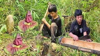 The orphan boy went into the deep forest to dig tubers to sell and cut bamboo to make pig troughs.