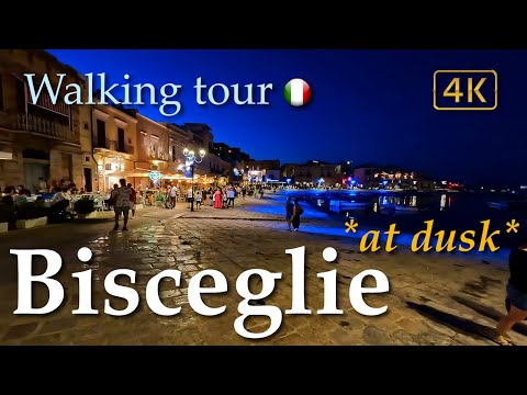 Bisceglie at dusk (Puglia), Italy【Walking Tour】History in Subtitles - 4K