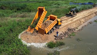 Incredible New Dump Truck Pouring Soil At Difficult And Bulldozer Pushing Soil Build New Road