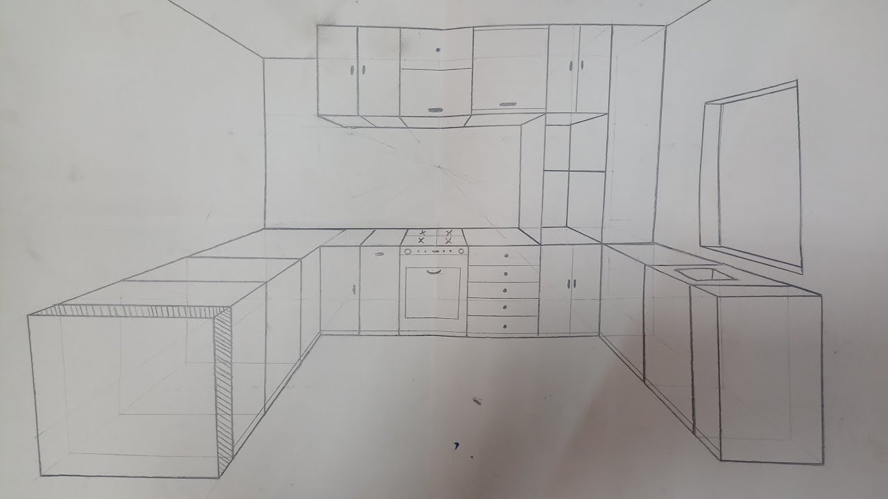 منظور هندسي # 2 :-المحاضرة الثانية رسم منظور هندسي داخلي لي مطبخ منزلي مع اثاث (نقطة هروب واحدة) 