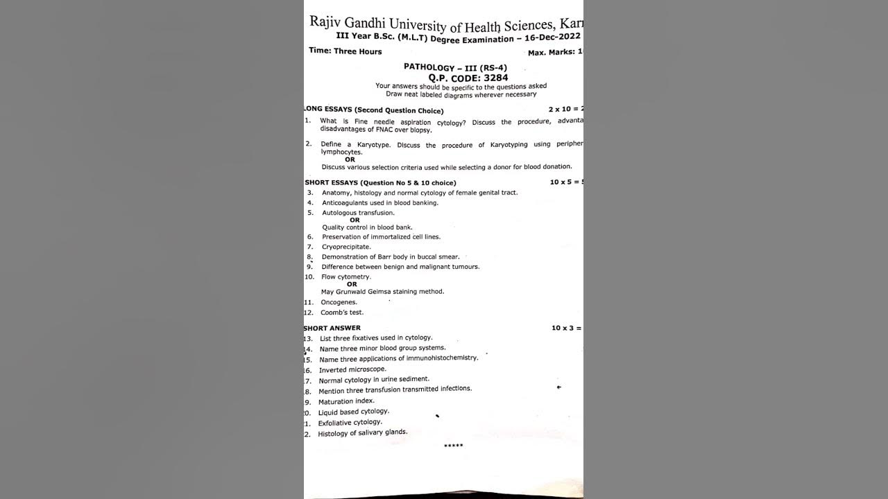 PATHOLOGY 16DEC2022 RGUHS AHS QUESTION PAPER RS4 3RD YEAR BSC MLT