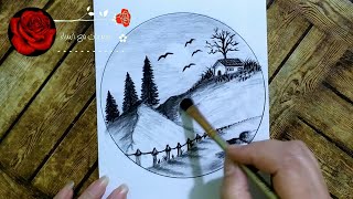 رسم بالفحم/رسم سهل/تعليم رسم منظر طبيعي خطوة بخطوة للمبتدئين تعلم رسم منظر طبيعيeasy scenery drawing