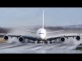 AIRBUS A380 LANDING with an AIRBUS A319 DEPARTING AHEAD - A380 on a wet runway (4K)