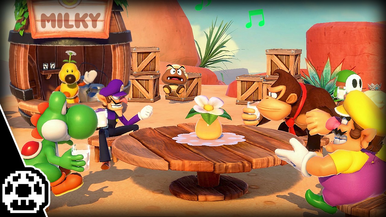 Buben spielen Mario Party und trinken Milch.