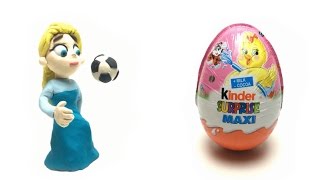 Qeen Elsa Stop Motion Animation Play Doh Soccer Ball Kicks and Surprise Eggs Maxi