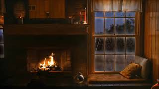 Sound of rain on a wooden cabin. Fireplace