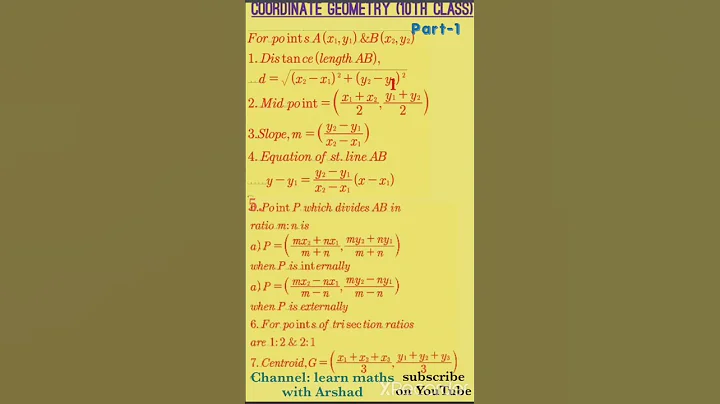 COORDINATE GEOMETRY STRAIGHT  LINES FORMULAS 10TH ; 11TH CLASS. DISTANCE MIDPOINT SECTION FORMULA