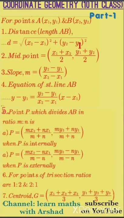 COORDINATE GEOMETRY STRAIGHT  LINES FORMULAS 10TH ; 11TH CLASS. DISTANCE MIDPOINT SECTION FORMULA