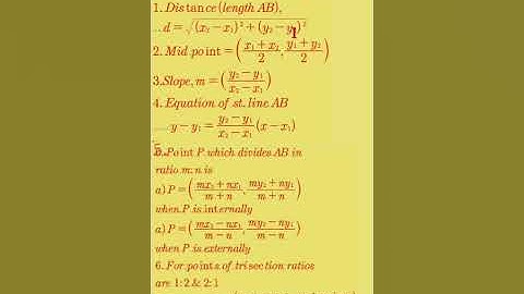 COORDINATE GEOMETRY STRAIGHT  LINES FORMULAS 10TH ; 11TH CLASS. DISTANCE MIDPOINT SECTION FORMULA