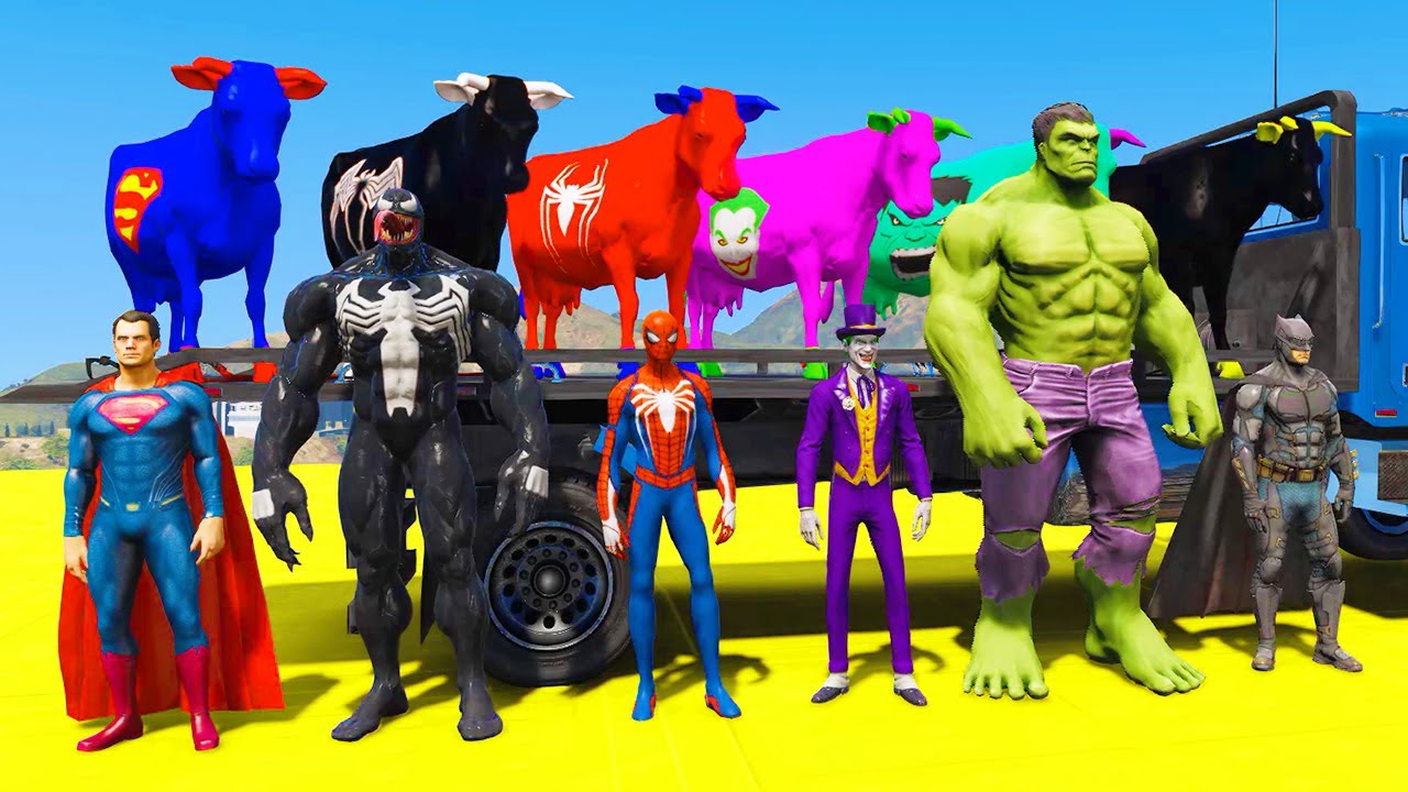 Spider-Man Return All SuperHero Cows In Flatber Ride Adventure | GTA 5 Funny Flatbed Dance Party