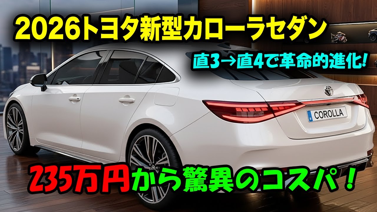 2026年トヨタ新型カローラフルモデルチェンジ発売、直列4気筒エンジン搭載！驚異の10％小型化技術で空力性能が別次元へ進化！