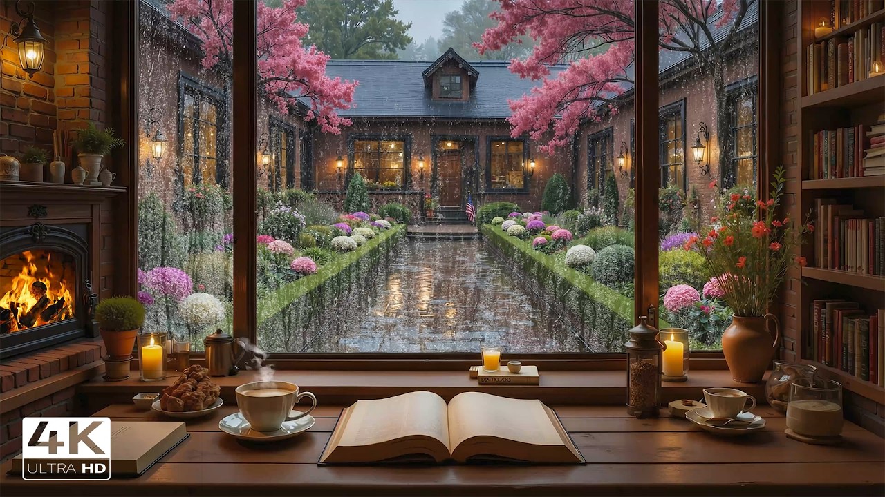 Тихая кофейня под дождем 4K ☕ Нежная джазовая музыка и мягкое потрескивание камина