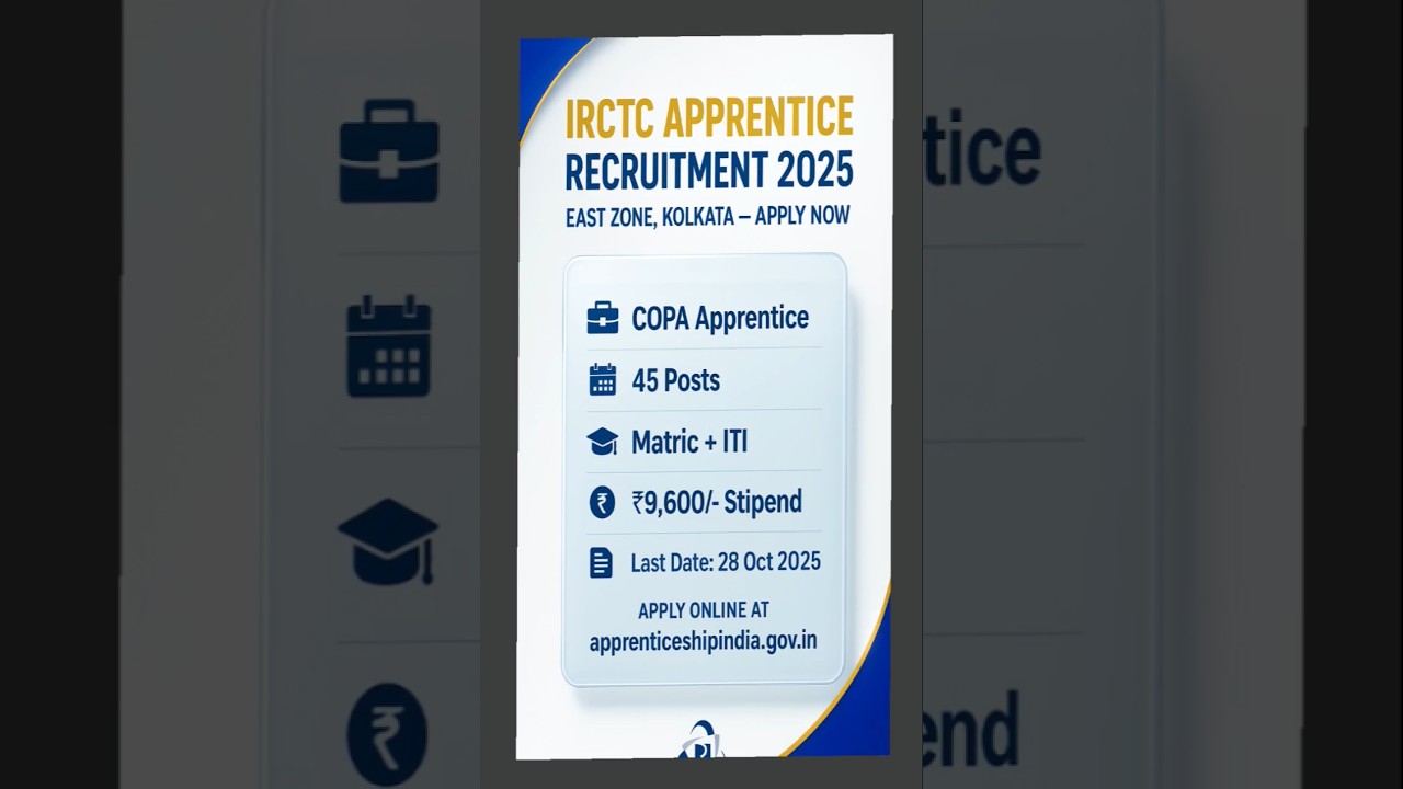 IRCTC Apprentice Recruitment 2025 | 45 COPA Posts | Apply Online @ apprenticeshipindia.gov.in
